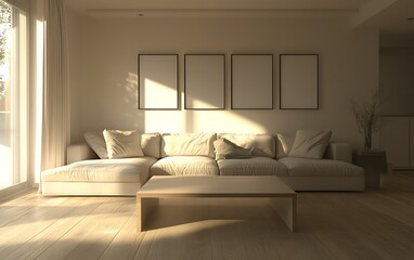 Modern living room sunlight, beige sofa, frames, wooden floor.