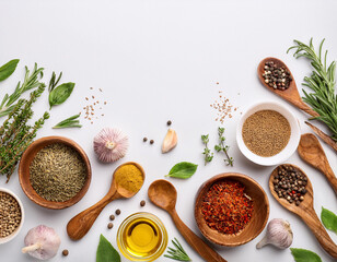 A set of Spices and herbs on a white wooden table. Basil, pepper, saffron, spices. Indian traditional cuisine. Top view. Free copy space.