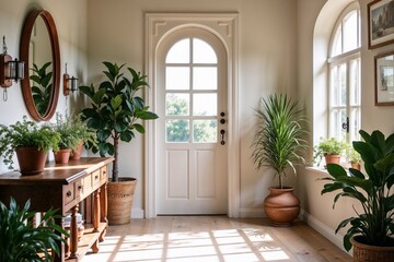 Charming entryway with a vintage wooden console table, indoor plants, and an elegant arched door