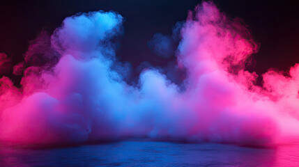 Empty room with abstract neon light pink and blue smoke background
