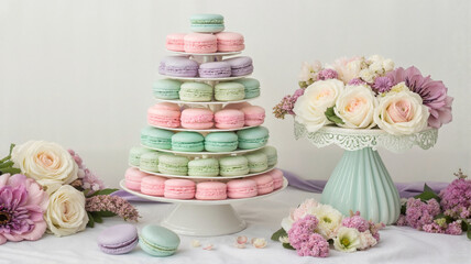 Wedding macaron tower with pastel floral arrangement