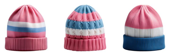 Three colorful knitted beanies arranged in a row against a transparent background.