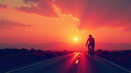 Silhouette of cyclist riding towards a vibrant sunset on an open road