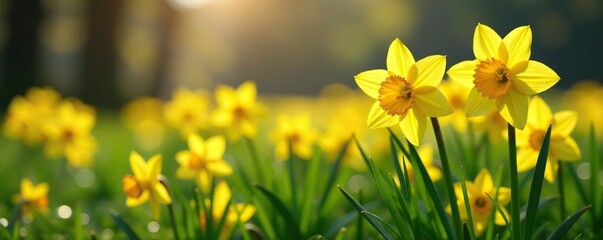 Obraz premium Yellow crocuses and daffodils in a lush meadow, crocuses, daffodils, bloom