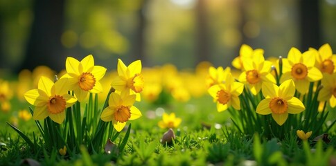 Obraz premium Yellow crocuses and daffodils in a lush meadow, flowers, garden