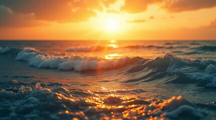 Fototapeta premium Beautiful Sunset Over the Ocean with Golden Light and Gentle Waves.