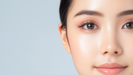 Fototapeta premium Close-up of a woman's face showcasing radiant skin and expressive eyes against a light backdrop.