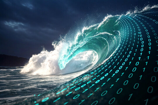 A digital wave with binary code overlay - Powered by Adobe