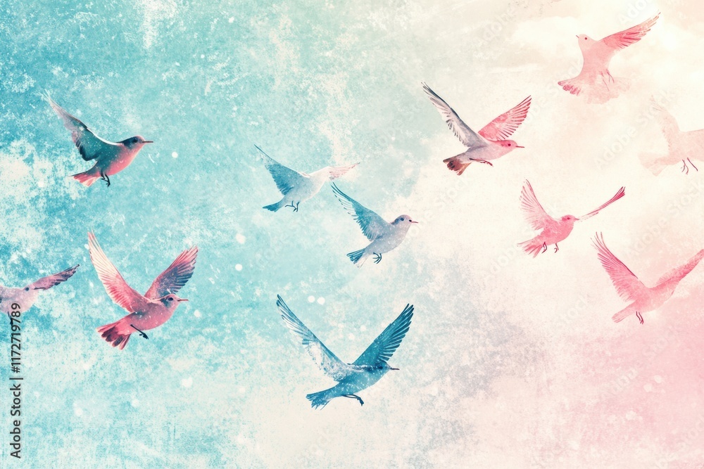 Poster colorful birds flying in soft pastel sky with retro risograph style effect at sunset. generative ai