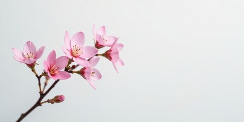 Fototapeta premium Delicate Pink Blossoms on a Branch Against a Soft White Background