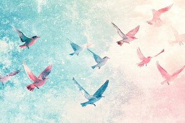 Colorful birds flying in soft pastel sky with retro risograph style effect at sunset. Generative AI