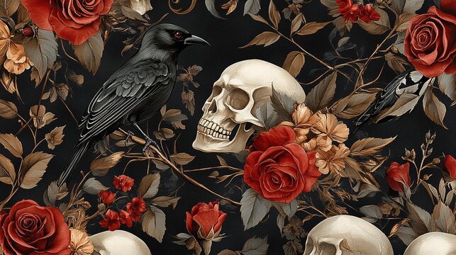 Seamless gothic pattern with skull, raven, and red roses.