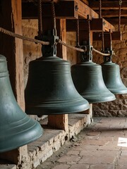 Obraz premium Historic church bells hanging in a wooden bell tower, showcasing craftsmanship and design