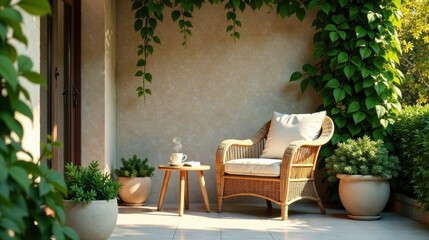 Serene Patio Relaxation Wicker Chair, Warm Sunlight, and Lush Greenery