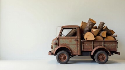 Rustic weathered truck carrying a load of firewood against a plain background