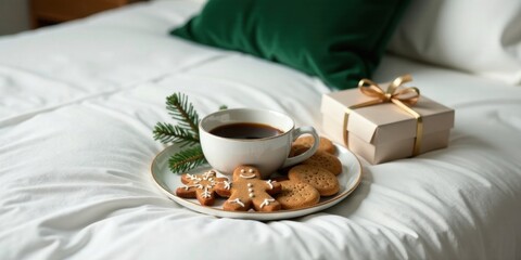 Cozy Morning Coffee, Gingerbread Men, and a Gift on a White Bed