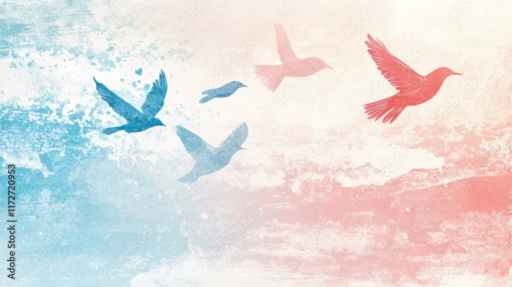 Poster flying birds in retro risograph style against a soft pastel sky. generative ai