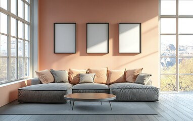 Fototapeta premium Modern living room, sectional sofa, city view, sunlight, interior design, home decor.