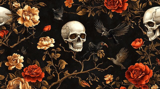 Seamless pattern with skulls, roses, and birds on black background.
