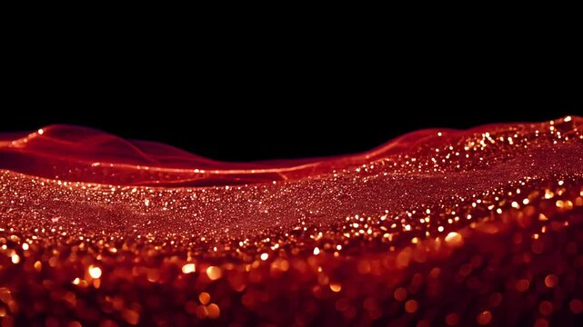 Dynamic flowing red fabric with glittery sparkles and elegant wave motion