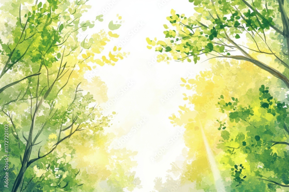 Aufkleber Doodle of a sunny forest canopy with vibrant greenery and soft light filtering through the leaves in a joyful atmosphere. Generative AI