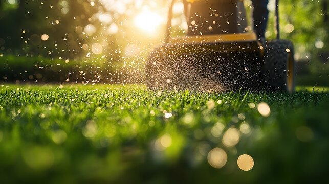  Gardener spreading fertilizer after cutting lawn spreader rolls evenly vibrant green yard maintenance activity ensures healthy thriving grass lush backyard scene.