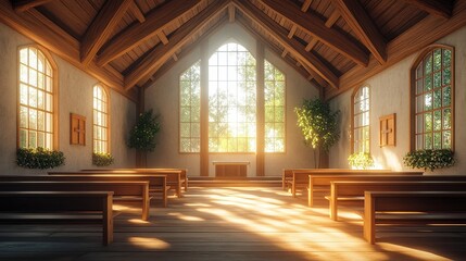 Fototapeta premium Chapel with wooden beams simple decor natural light streams through large windows creating serene spiritual peaceful setting ideal for reflection and prayer.