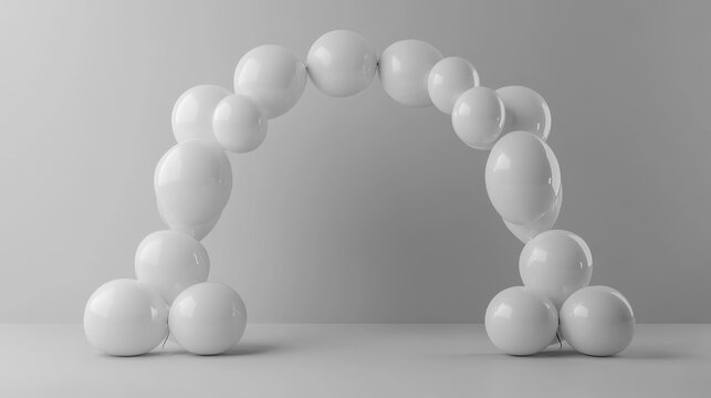 Minimalist balloon arch in monochrome white on a pastel gray background