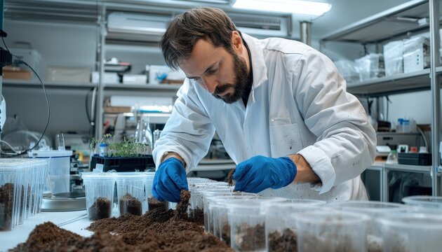 A scientist analyzing soil samples in a modern environmental research lab