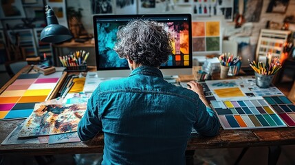  Creative workspace with graphic designer working project surrounded by color swatches sketches advanced desktop setup inspiring space full of tools ideas and creativity.