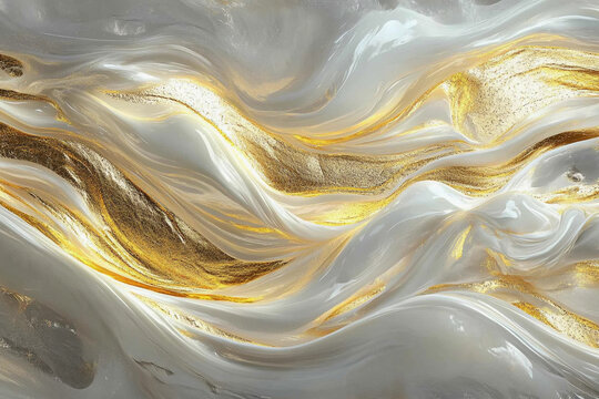 Liquid Gold and White Abstract Waves: A fluid art design with soft, curling waves of gold and white, conveying sophistication and flowing motion.