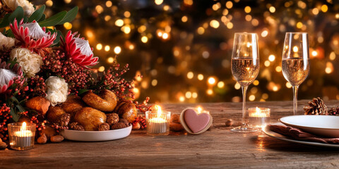 Romantic dinner table setting with champagne, flowers, and candles on christmas lights background
