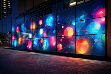 Obraz premium A glowing digital mural on a building wall, artistic bokeh background