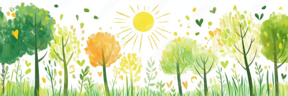 Aufkleber playful doodle of colorful trees and sun in a lively forest setting on a sunny day. generative ai