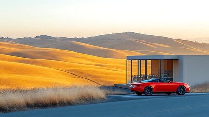Red sports car parked near modern house in rolling hills