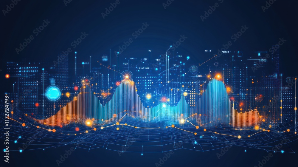 Poster futuristic cityscape with dynamic data visualization.