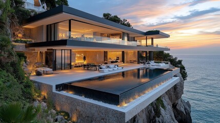Fototapeta premium Luxurious Modern Villa Perched on Cliff Overlooking Sparkling Azure Sea at Sunset with Stunning Architecture and Infinity Pool