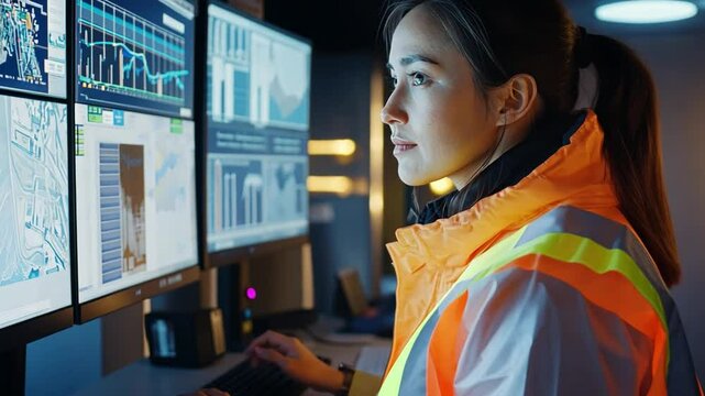 A woman supervises a team integrating real-time monitoring systems in modern bridge construction.
