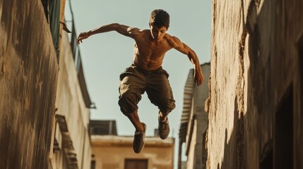 Agile Boy Parkouring through Urban Walls in High-Energy Action Pose