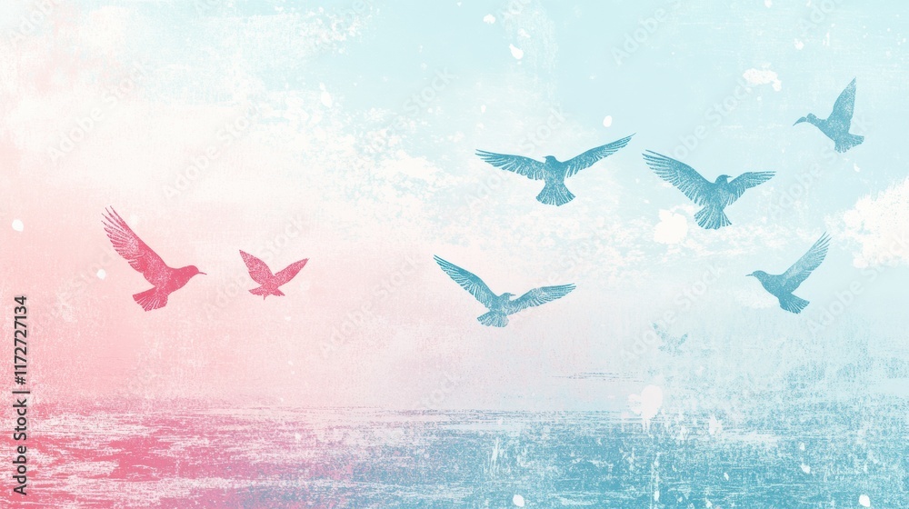 Poster colorful birds flying over a serene ocean at dawn with retro risograph artistic style. generative ai