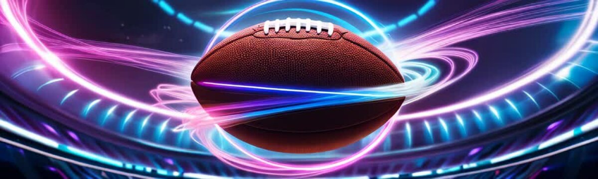 American football with neon red blue energy in a futuristic stadium. Copy space for text competition banner