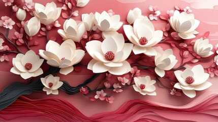 Magnolia Tree: A magnolia tree with large, fragrant flowers. paper cut Art Style 3d background 