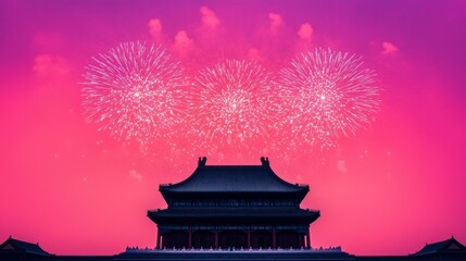 Fireworks exploding over traditional chinese building during lunar new year celebration
