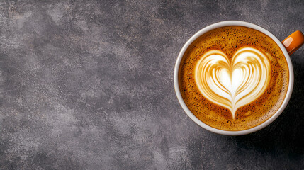 A beautifully crafted latte with a heart-shaped design, served in an orange mug against a textured gray background.