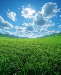Fototapeta premium A beautiful, lush green field with a clear blue sky