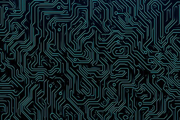 Obraz premium Abstract close-up of a glowing blue digital circuit board, showcasing intricate connections and technological design on a black background. 