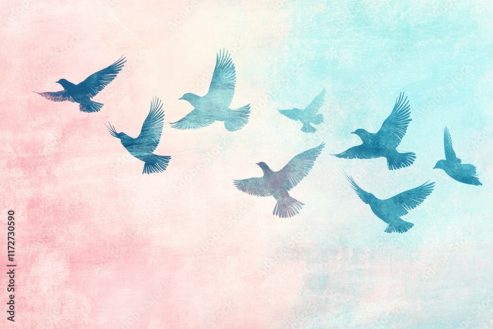 Poster Birds flying across a pastel sky in retro risograph style with soft colors and textured background. Generative AI