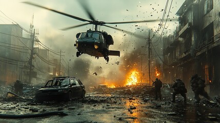 Military helicopter flying over war-torn city street with soldiers and burning vehicles below, debris and smoke filling chaotic scene, depicting action, conflict, and intense urban battle atmosphere.
