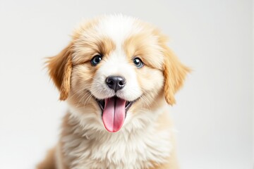 Fototapeta premium Cute golden puppy with expressive eyes, fluffy fur, and playful tongue out, set against a simple light background. Concept of joy and companionship. Ai generative