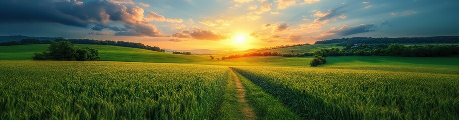 Fototapeta premium A field of grass with a sun shining through the clouds
